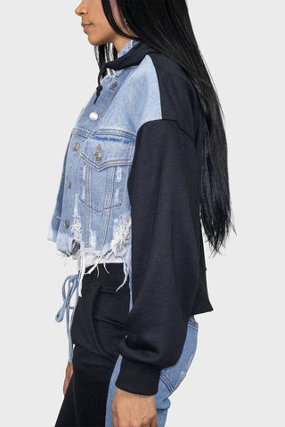 hooded jean jacket side closeup