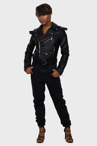Vegan womens belted leather jacket black front