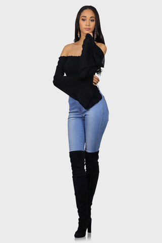 off the shoulder bodysuit black front two