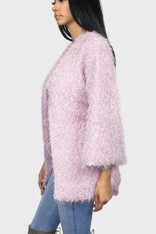 pink sweater jacket side closeup