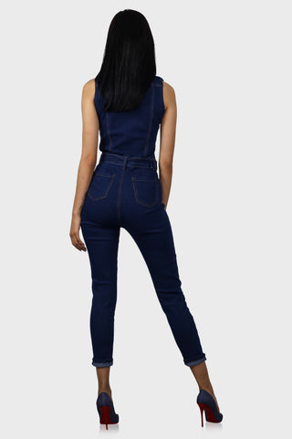 sleeveless denim jumpsuit dark wash back