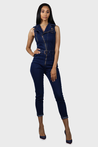 sleeveless denim jumpsuit dark wash front two