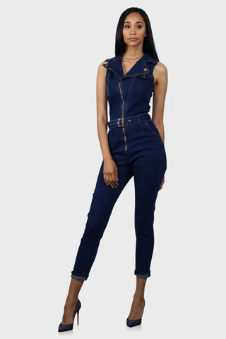 sleeveless denim jumpsuit dark wash front