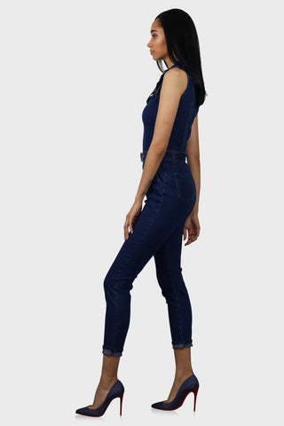sleeveless denim jumpsuit dark wash side