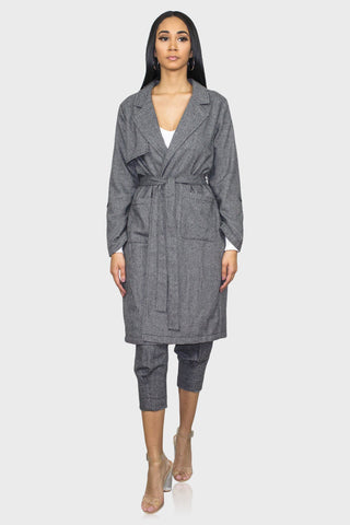 tweed two piece pant set front belted