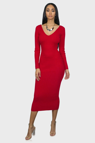 V Neck Sweater Dress (Red)